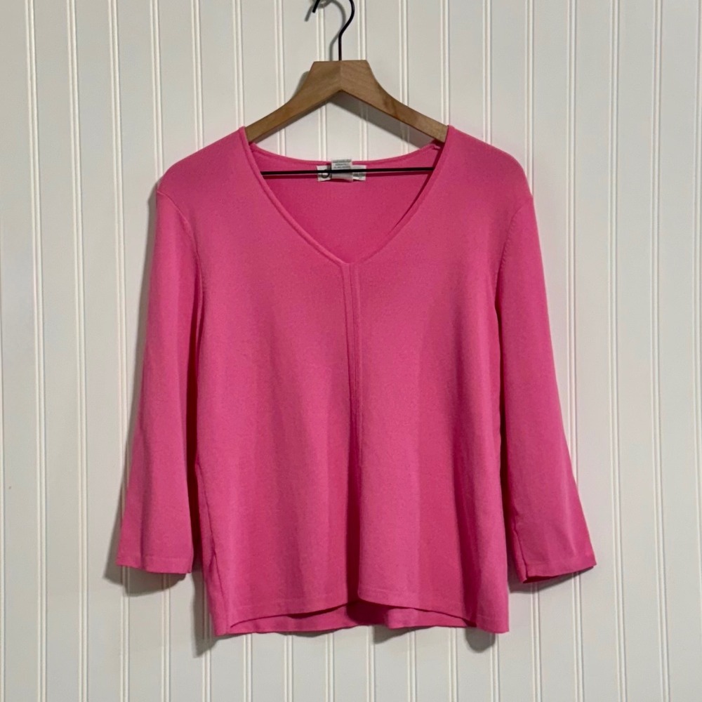 Dressbarn Large Pink V-Neck 3/4 Sleeve Knit Sweater Soft Office Chic